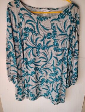 Liz Claiborne Teal Floral Long Sleeve Scoop Neck Top